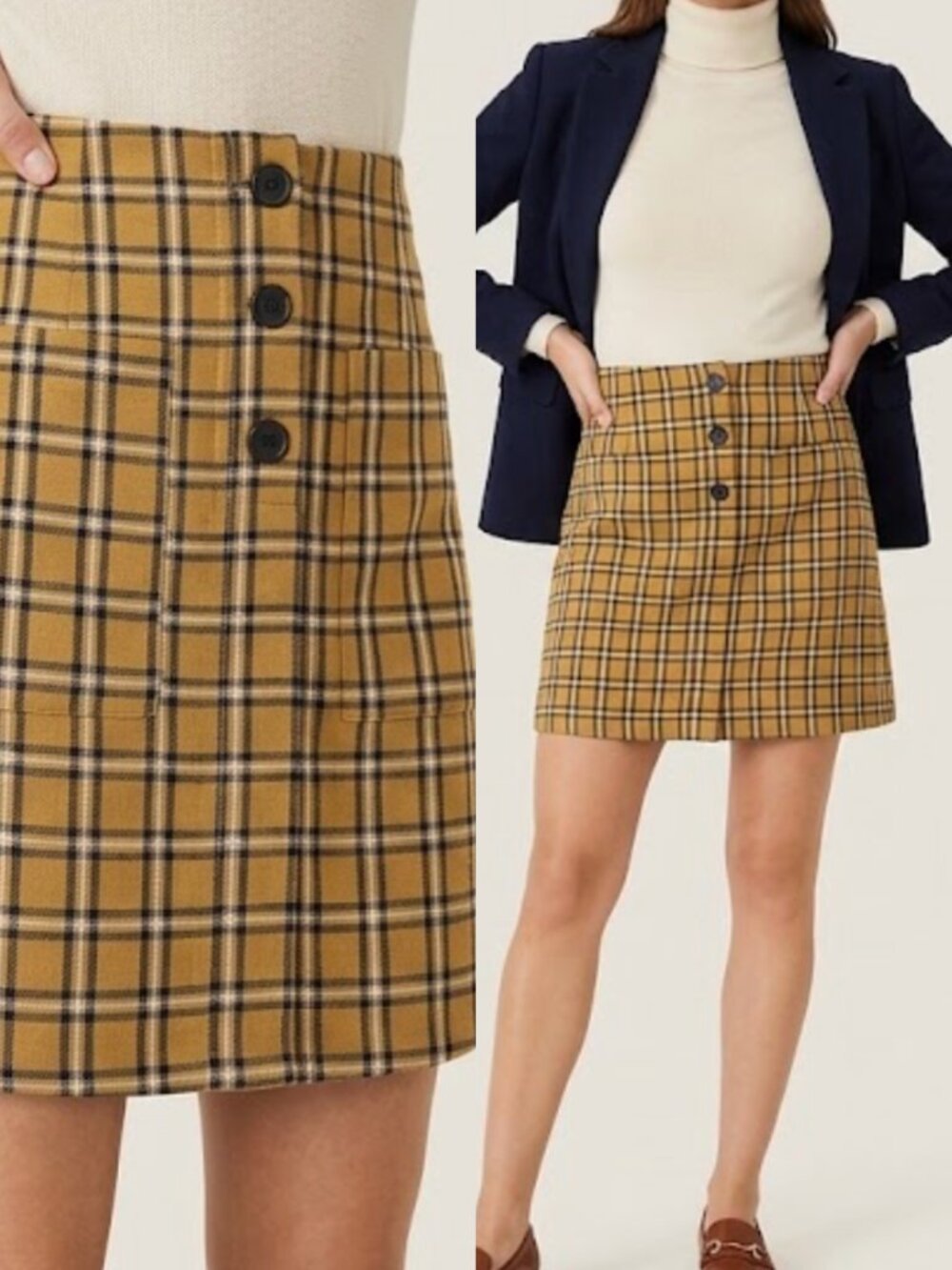 LOFT Outlet Mustard Yellow Navy Plaid A-Line Mini Skirt Size 6 Button Detail